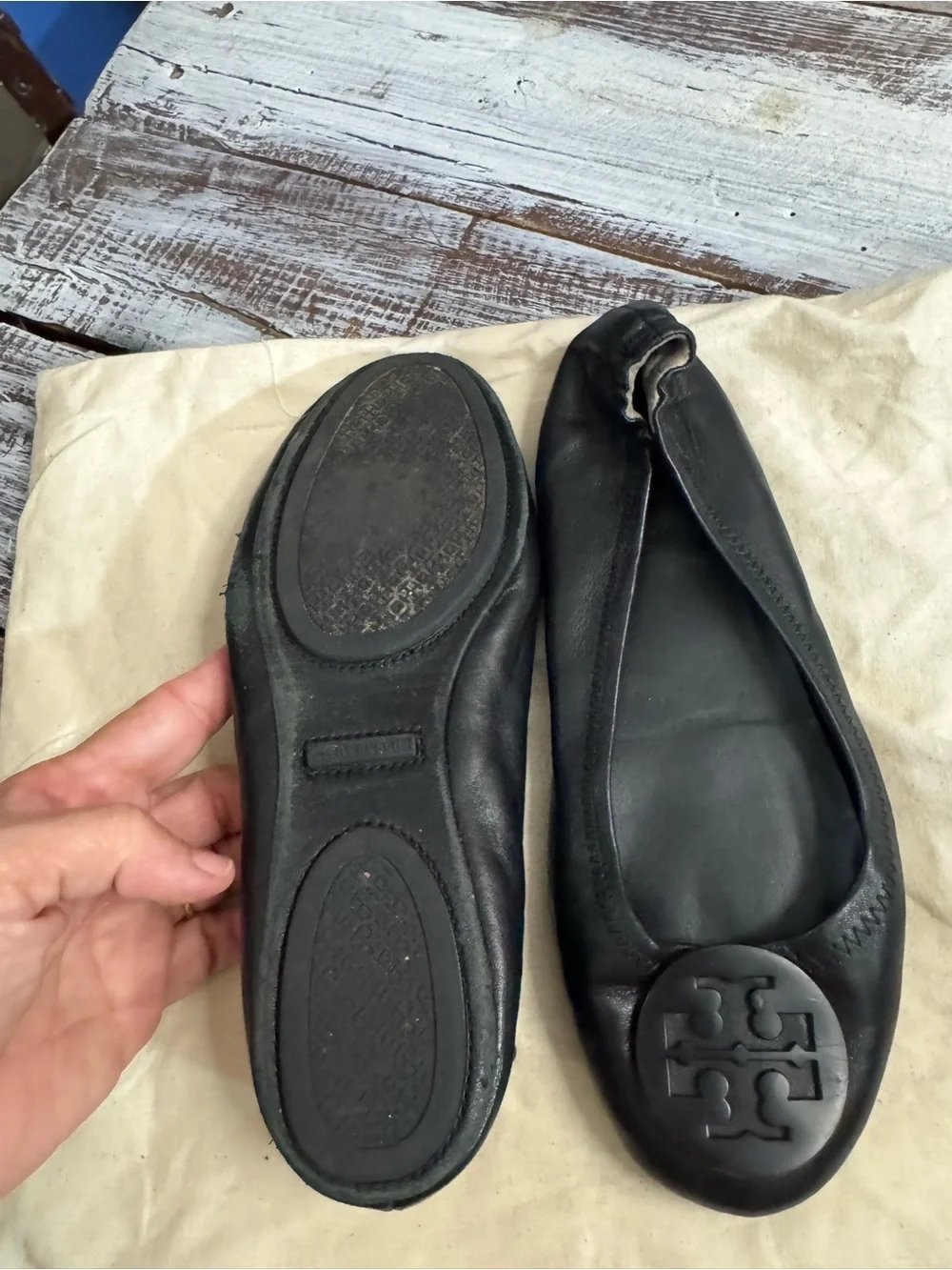 Tory Burch Black Leather Logo Ballet Flats